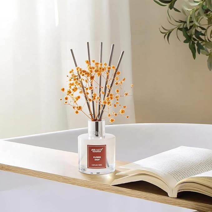 Airkeep Reed Diffuser Set,3.38 fl oz (100 ml) - Flower Shop Oil Diffusers with 8 Reed Sticks, Home Fragrance Reed Diffuser for Bathroom Shelf Decor