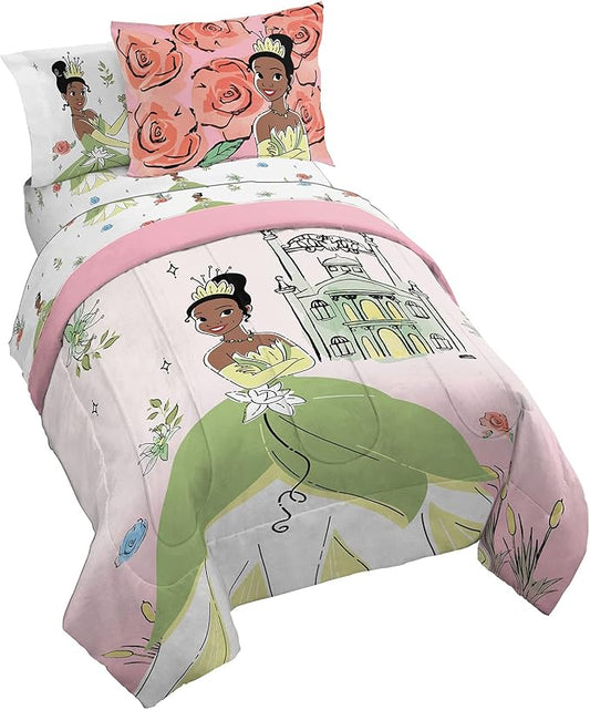 Jay Franco The Princess and The Frog Beauty & Grace 5 Piece Twin Size Bed Set - Includes Comforter & Sheet Set Featuring Tiana - Super Soft Bedding Fade Resistant Microfiber (Official Product)