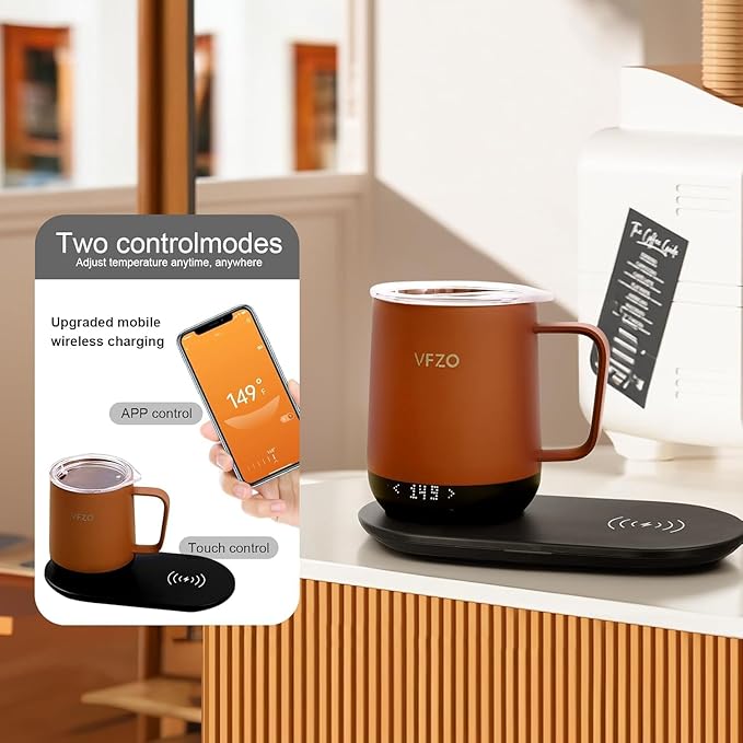 Temperature Control Smart Mug, Self Heating Coffee Mug LED Display, 180 Min Battery Life - Hot up to 149℉ Fast Wireless Charger Base Improved Design coffee serving sets (12oz, Orange)