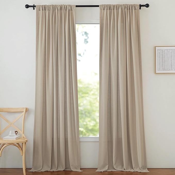 NICETOWN Thick Linen Curtains for Farmhouse 90 inches Long, Pinch Pleated Curtains Flax Linen Privacy with Light Filtering Window Treatments for Bedroom/Boys Room, Taupe, W50 x L90, 2 Panels