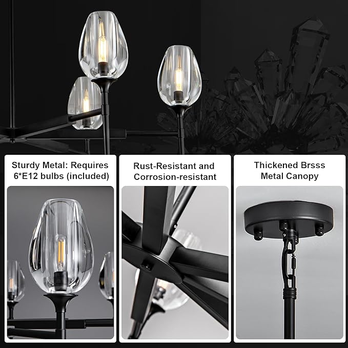 Modern Crystal Chandelier 6 Lights Black, 42in Black Round K9 Crystal Tulip Chandelier, Pendant Ceiling Light for Dining Living Room Bedroom Entryway Over Table, E12 Bulbs Included