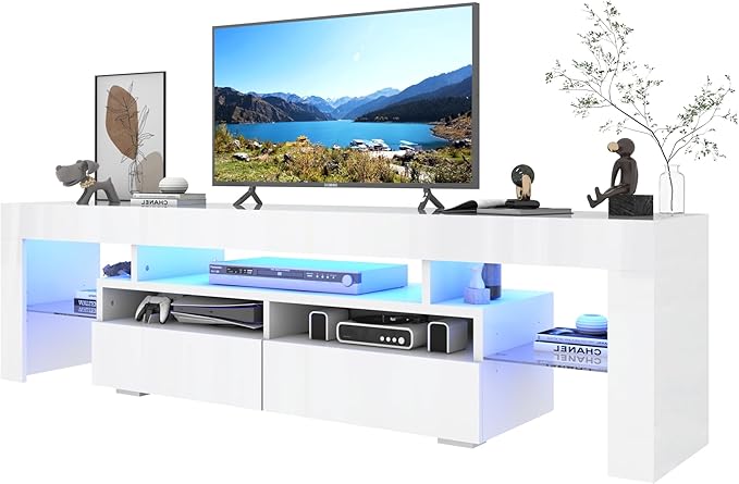 TV Stand with 16 Color LED Lights, Media Console with Drawer and Glass Open Shelf for 65/75/85 inch TV, Modern Gloss Entertainment Center for Living Room Bedroom, White