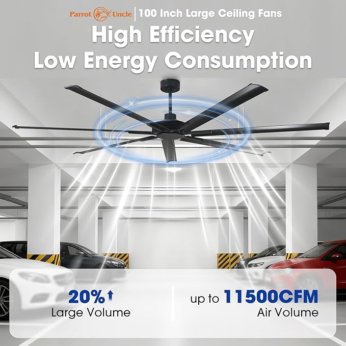 100 Inch Ceiling Fans without Lights, Industrial Black Large Ceiling Fan No Light for Living Room Shop Garage Bedroom Indoor Outdoor, Remote Control, Reversible 7 Aluminum Blades, Ventilador De Techo