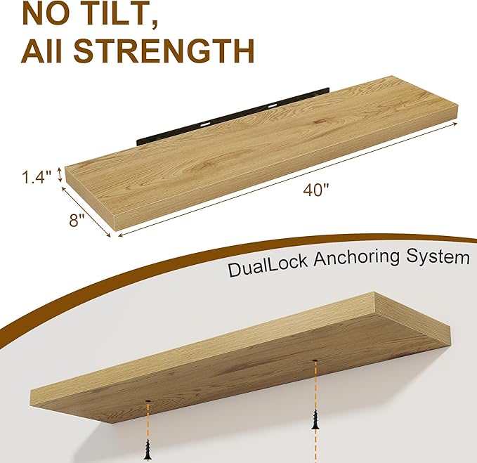 40 Inch Floating Shelves Set of 2, 8 Inch Deep Wall Shelf, Rustic Wood Storage Shelves for Bedroom, Kitchen, Bathroom, Wall-Mounted Shelf with Invisible Brackets for Books|Storage|Decor, Oak