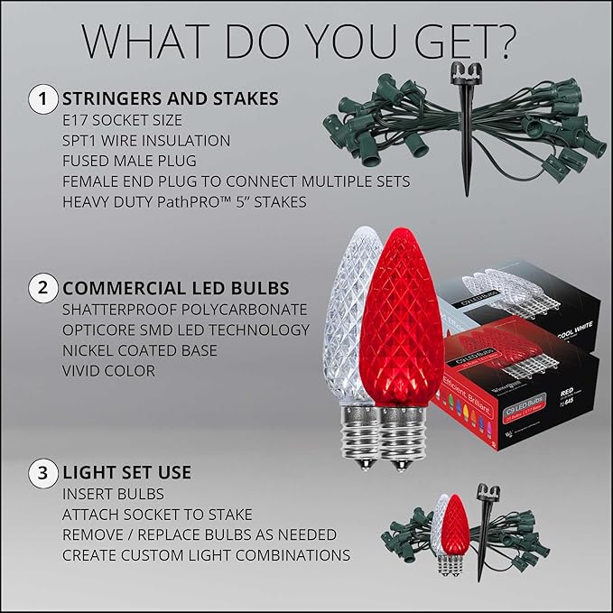 Wintergreen Lighting 100’ OptiCore LED Red and Cool White Christmas Pathway Lights, C9 Outdoor Candy Cane Walkway Lights, 4.5” Stakes, Green Wire Plug String Lights