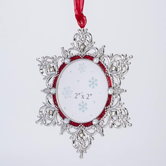 West style Snowflake Picture Frame Ornament Christmas Tree Ornaments Metallic Hanging Home Deco Hanging Pendant Holiday Keepsake Gift (Red, C Snowflake)