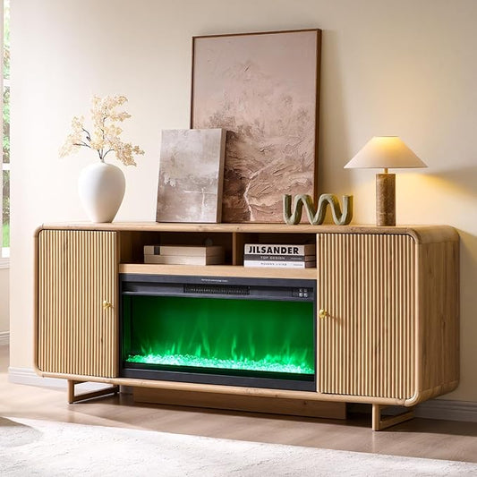 70" Fluted Fireplace TV Stand for 80 Inch TV, Modern Entertainment Center w/36'' Electric Fireplace, Wood Media Console w/Curved Profile Design and Adjustable Shelves for Living Room,Natural Oak