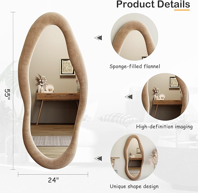 Honyee 55" x 24" Wall Mirror, Flannel Wrapped Wooden Frame Wavy Mirror, Irregular Mirror Hanging for Cloakroom/Bedroom/Living Room, Milk Tea