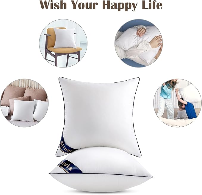 Siluvia 16"x16" Pillow Inserts Set of 2 Square Throw 16 Pillows with 100% Cotton Cover for Sofa, Couch, and Bed - White