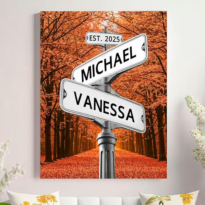 Personalized Canvas Vintage Street Sign For Couples, Crossroads Street Sign For Сouple, Custom Name And Date Poster, Christmas Gifts For Her/Him, Valentines Day Gift For Girlfriend/Boyfriend #17