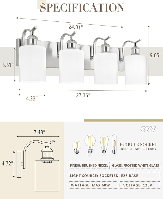 Milk Glass Bathroom Light, 4-Light Vanity Light Fixture, Brushed Nickel Wall Sconce, VL01BNW-4