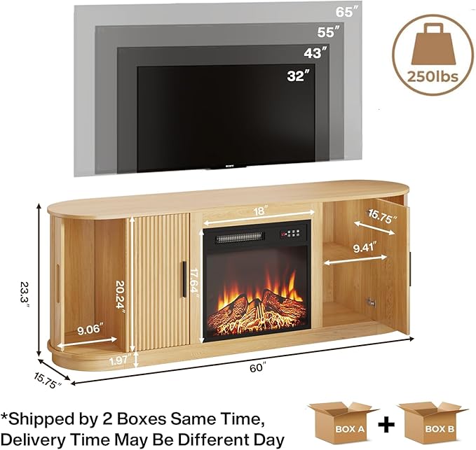 Fluted TV Stand with Fireplace, 60" Mid Century Modern TV Stand with Fireplace for Living Room, Entertainment Center with 18" Electric Fireplace & Sliding Doors, Wood Console for TV Up to 65"