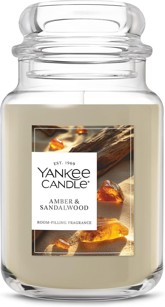 Yankee Candle Amber & Sandalwood, Scented Candle, 22oz Large Jar with up to 150 Hour Burn Time, Giftable