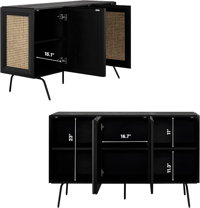 NTC MOSSIC Modern Sideboard with 3 Doors, Natural Rattan Storage Cabinet, Buffet with Metal Legs, Boho Accent Cabinet for Living Room, and Entryway, Effortless Assembly - Burnt Black