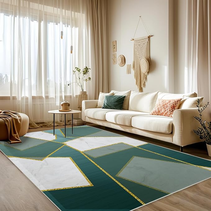 Area Rug 4x6 Entryway Green Marble Geometric Modern Abstract Rectangular Rugs Machine Washable Soft Rug Carpet Area Rug for Entrance Beside Living Room Bedroom Dining Room Office Indoor