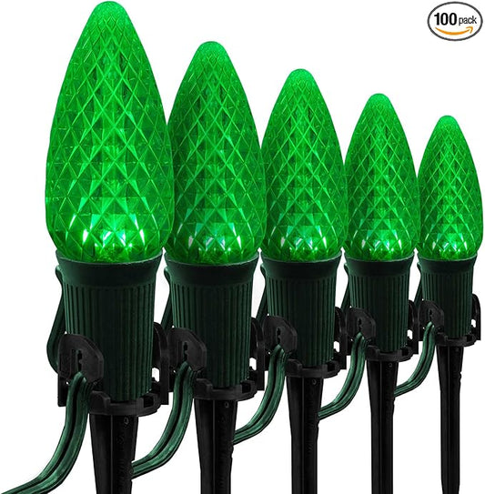Wintergreen Lighting OptiCore LED C9 Green Christmas Pathway Lights, Heavy Duty Bulbs for Driveway, Walkway Marker, 5" Commercial PathPRO Stakes, 18 Gauge Plug-in Green Wire, 100 Lights, 100 ft