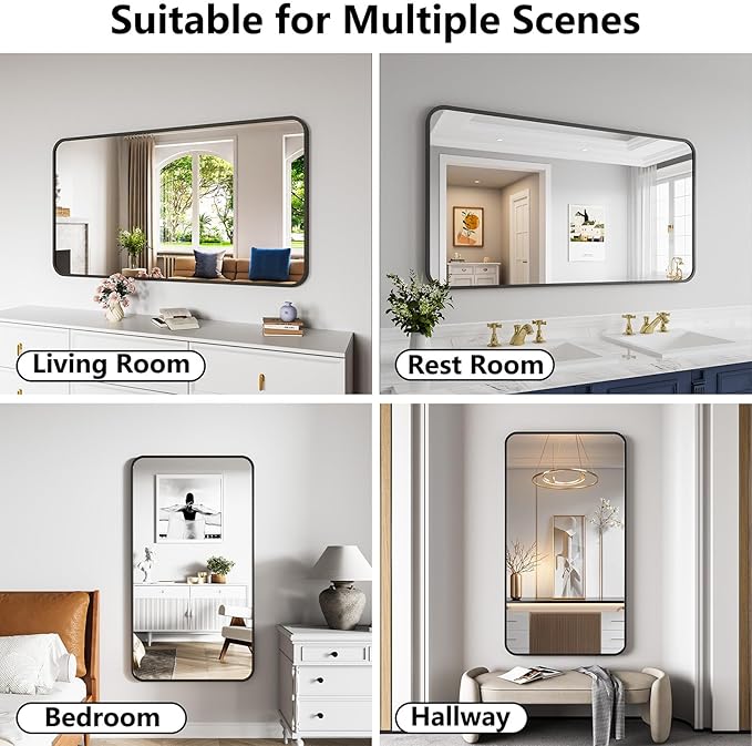 Bathroom Mirror, 30X55 Inch Black Metal Framed Mirror for Bathroom, Tempered Glass, Anti-Rust, Rounded Rectangle Mirror for Restroom, Bedroom, Black
