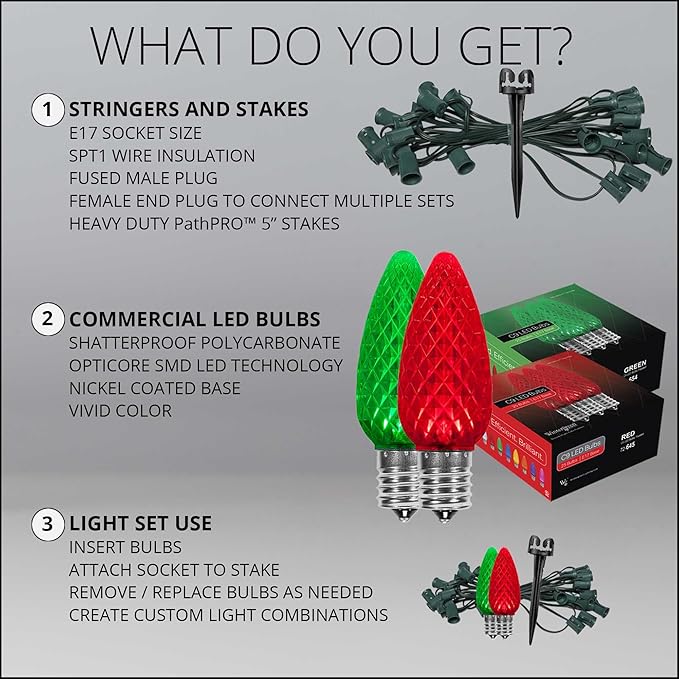 Wintergreen Lighting 100’ OptiCore LED Red and Green Christmas Pathway Lights, C9 Outdoor Landscape Lights, 4.5” Stakes, Green Wire Plug String Lights