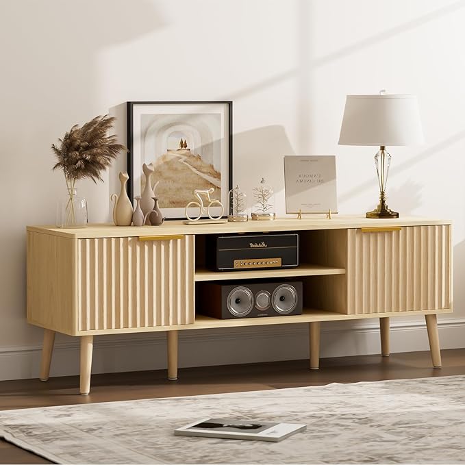 TV Stand for Living Room, Boho Entertainment Center for 55/60 inch TVs, Media Console with Fluted Door Cabinets and Open Shelves, for Bedroom, Oak