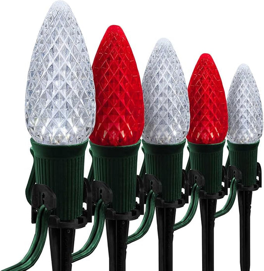 Wintergreen Lighting 50’ OptiCore LED Red and Cool White Pathway Christmas Lights, C9 Outdoor Candy Cane Walkway Lights, 5” Stakes, Green Wire