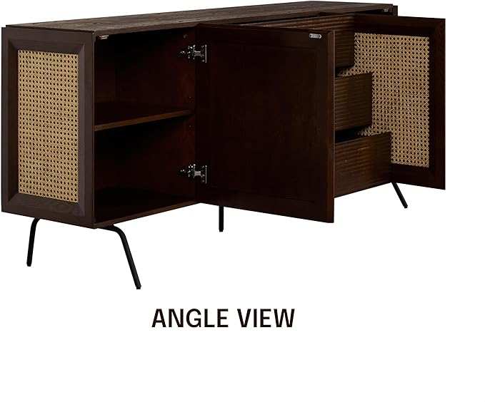 NTC MOSSIC Large Sideboard with 2 Doors and 3 Drawers, Buffet Cabinet with Natural Rattan and Metal Legs, Modern Storage Cabinet for Living Room, and Hallway, Effortless Assembly - Dark Walnut