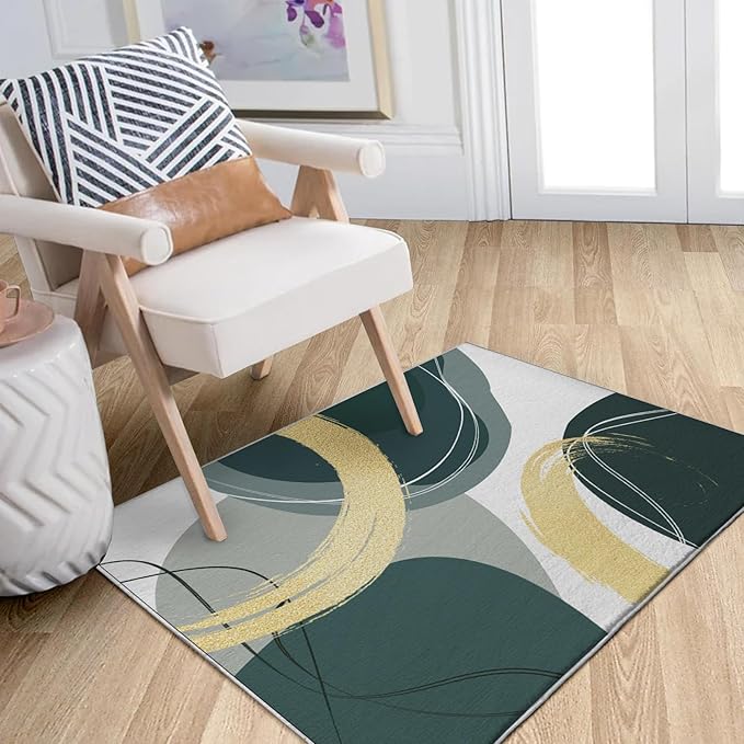 Bathroom Rug 3x5 Entryway Geometric Green Gold Circles Mat Modern Abstract Area Rug Machine Washable Soft Rug Semicircle Carpet for Entrance Beside Living Room Bedroom Kitchen Office Indoor
