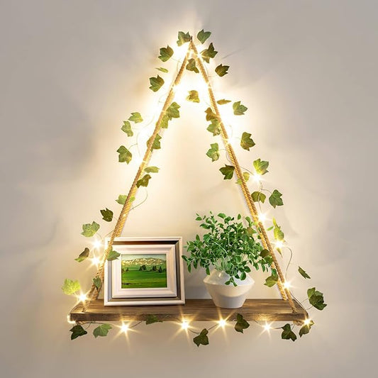 RICHER HOUSE Artificial Ivy LED-Strip Wall Hanging Shelves, Macrame Shelf for Bedroom Bathroom Living Room Kitchen, Wood Hanging Plant Shelves for Wall Décor