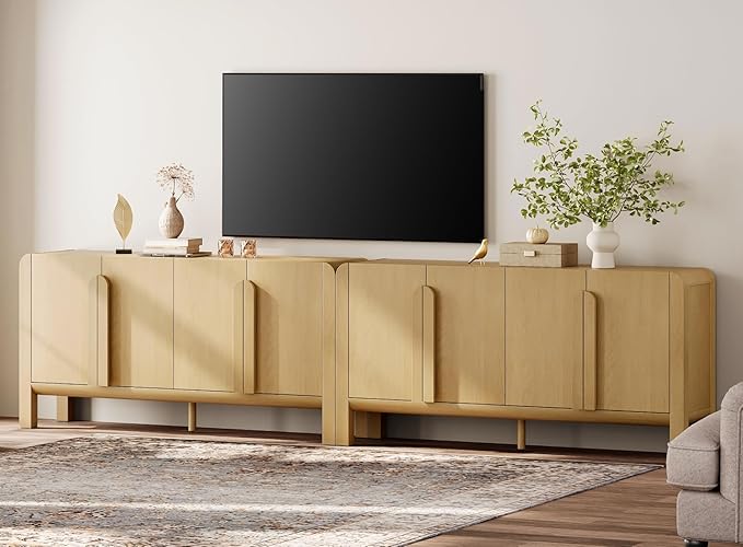 WAMPAT 126" W Large Buffet Sideboard Cabinet with Storages, Modern Buffet Table Coffee Bar Wine Bar Storage Curved Cabinet with 4 Doors for Dining Room, Living Room, Kitchen,Oak