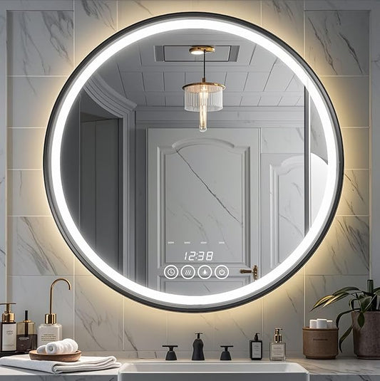 Wall-Mounted Round Bathroom Mirror with LED-Lights - 32 Inch Frame Vanity Mirrors(32" x 32", Black)