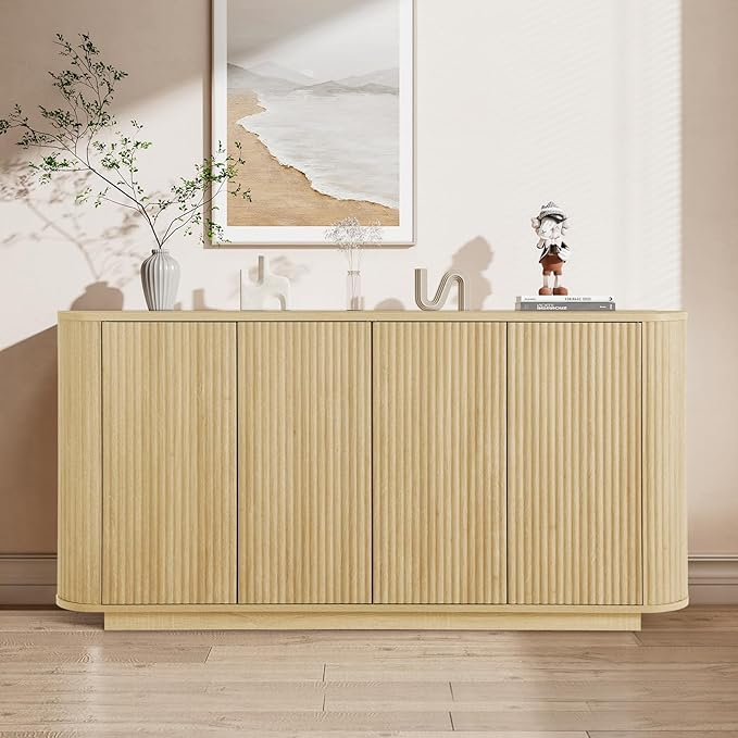 64" Sideboard Buffet Cabinet with Storage, Modern Fluted Accent Credenza with Adjustable Shelves, Wood Media Console Coffee Bar Table for Living Room Kitchen Dining Room, 31.5" H, Natural