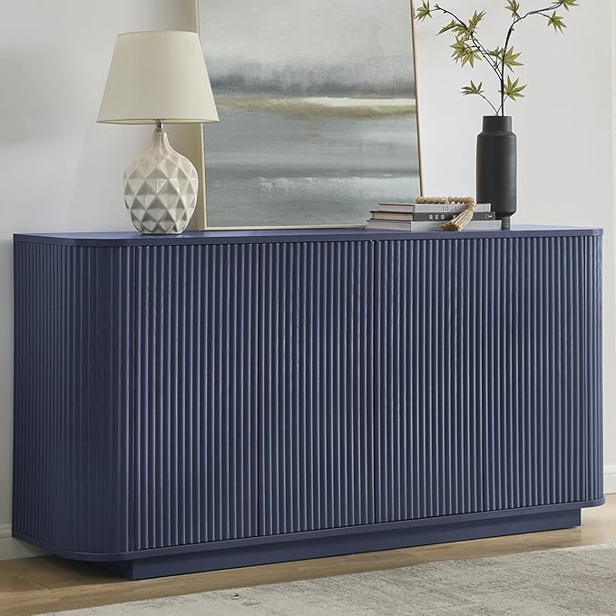 64" Sideboard Buffet Cabinet with Storage, Modern Fluted Accent Credenza with Adjustable Shelves, Wood Coffee Bar Console Table for Living Room Kitchen Dining Room Hallway, 31.5" H, Blue