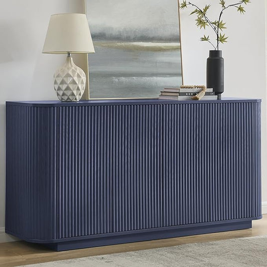 64" Sideboard Buffet Cabinet with Storage, Modern Fluted Accent Credenza with Adjustable Shelves, Wood Coffee Bar Console Table for Living Room Kitchen Dining Room Hallway, 31.5" H, Blue