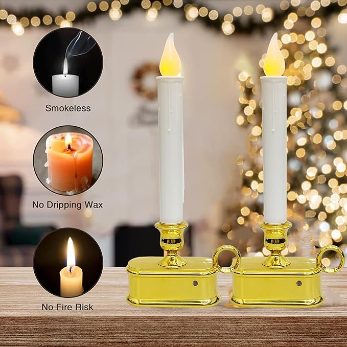 4 Pcs Christmas Electric Window Candles, 10 Inch LED Taper Candles Battery Operated with Sensor Dusk to Dawn, Gold Base