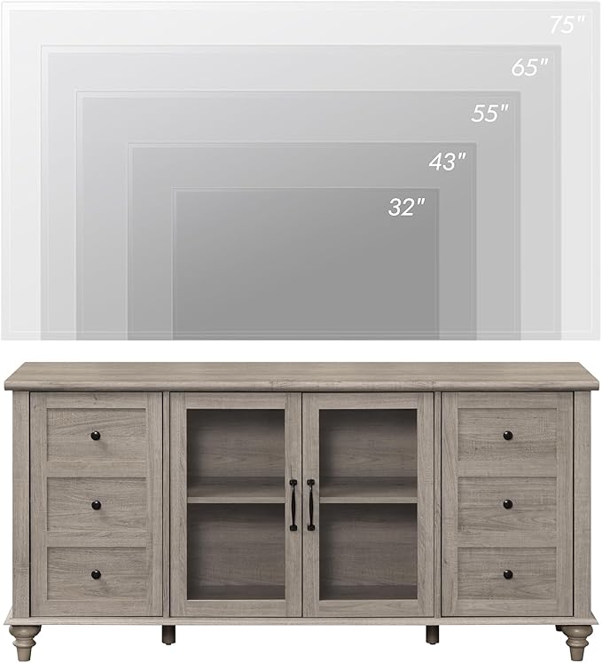 WAMPAT Glass Door Farmhouse TV Stand for TVs up to 65 inch, Wood TV Console Table with Storage Cabinets, Entertainment Center for 32-60 inch TV Console Cabinet, 58 Inch, Grey