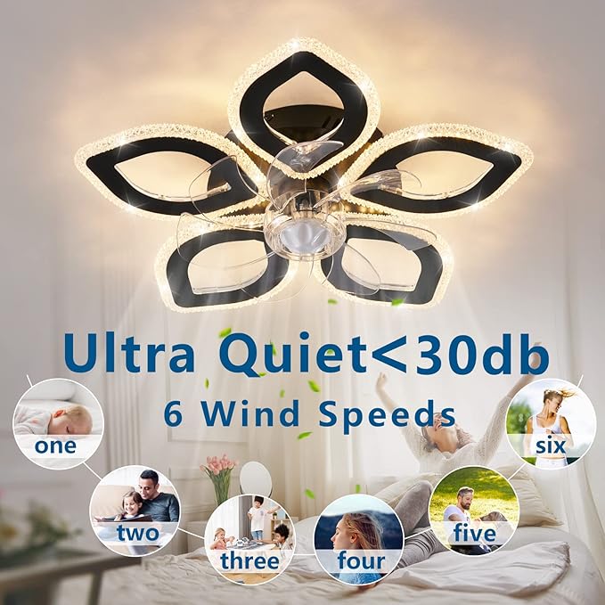 21-Inch Ceiling Fan with Lights and Remote Control, Black Geometric, 6 Wind Speeds, 3 Light Color, Low Profile, Flush Mount, for Kitchen, Bedroom, Living Room