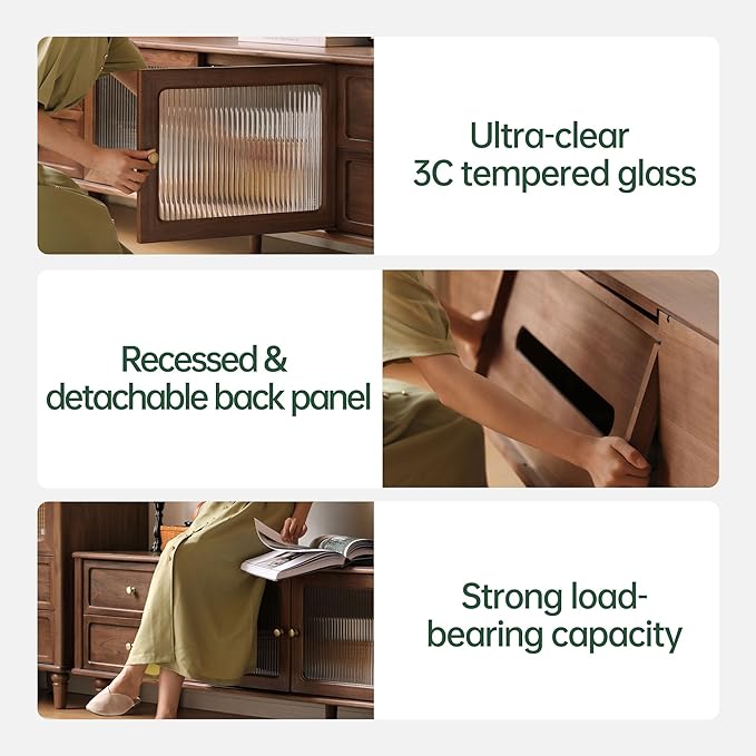 YESWOOD 78.74" L Solid Walnut Wood TV Stand & Side Cabinet, Mid Century Modern Media Console Entertainment Center Table with Storage, Living Room Cabinet with Glass Door & Adjustable Shelf & Drawers