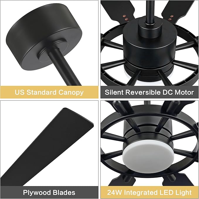 ELEHINSER 72 Inch Ceiling Fan with Lights and 3 Downrods, 8 Plywood Blades, 6-Speed Noiseless Reversible DC Motor, 3CCT, Windmill Ceiling fan for Kitchen Bedroom Living Room, Matte Black