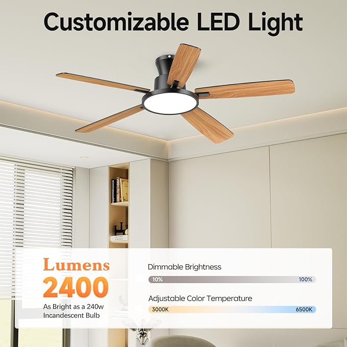 Ceiling Fans with Lights,52 inch,Quiet,Reversible Motor,Dimmable, Adjustable Color Temperature,6 Speeds,Timer, Low Profile Ceiling Fan for Bedroom,Living Room,Indoor/Outdoor Use (Black)