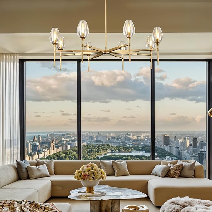 Modern Crystal Chandeliers 8 Lights Brass, 54in Gold Tulip Round K9 Crystal Chandelier,Pendant Ceiling Light for Dining Living Room Bedroom Entryway, E12 Bulbs Included