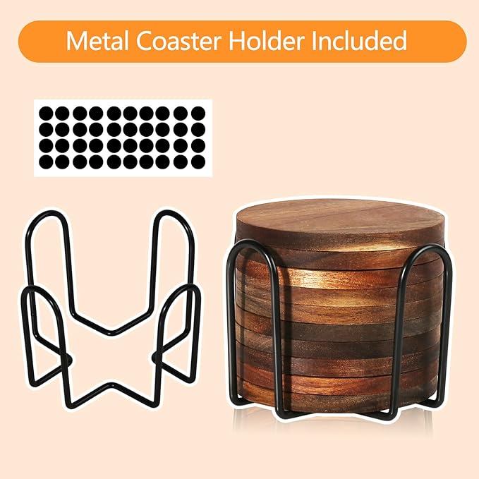 10 Pcs Wood Coasters with Holder, Wooden Coasters for Drinks Absorbent, Drink Coasters for Coffee Table, Modern Home Decor, Coaster Set for Table Protection, Office, Bar