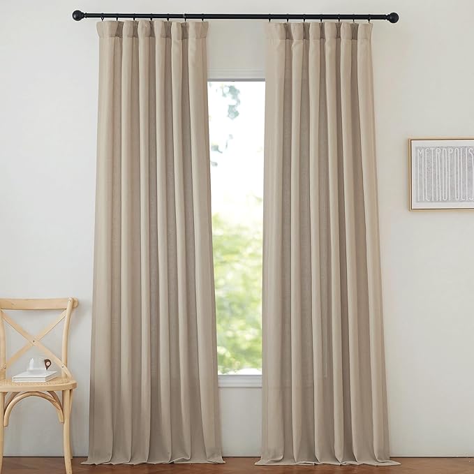 NICETOWN Thick Linen Curtains for Farmhouse 90 inches Long, Pinch Pleated Curtains Flax Linen Privacy with Light Filtering Window Treatments for Bedroom/Boys Room, Taupe, W50 x L90, 2 Panels