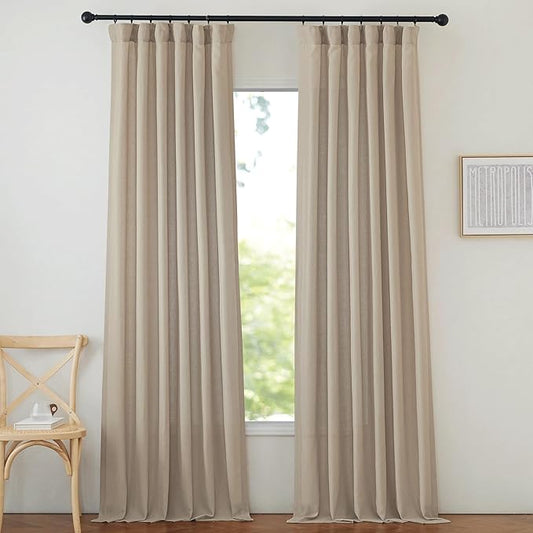 NICETOWN Thick Linen Curtains for Farmhouse 90 inches Long, Pinch Pleated Curtains Flax Linen Privacy with Light Filtering Window Treatments for Bedroom/Boys Room, Taupe, W50 x L90, 2 Panels