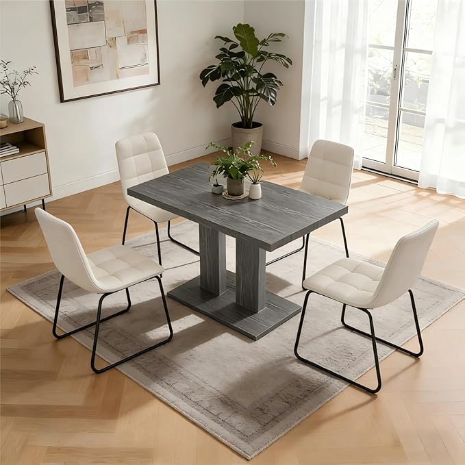 46" Dining Table for 4, Modern Rectangular Dining Room Table with Sturdy Pedestal Base, Thickened Tabletop, MDF Grey Wood Finish Kitchen Table for Breakfast Nook, Home & Apartment