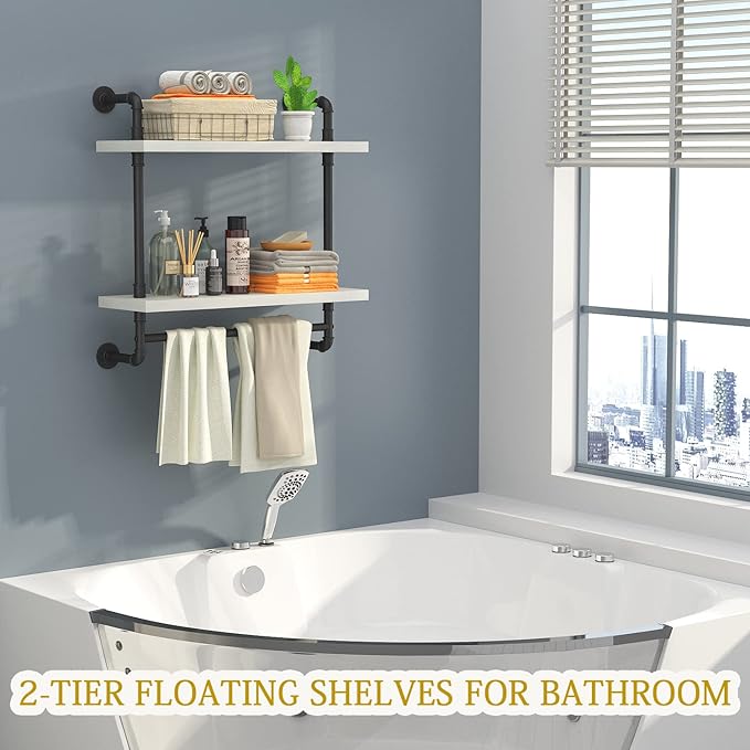 Helsin 24inch Industrial Pipe Shelving Bathroom Shelves Wall Mounted with Towel bar, 2 Tier Rustic Wood Floating Shelf, Metal Towel Rack Wall Shelf for Home & Bathroom (White, 24inch)