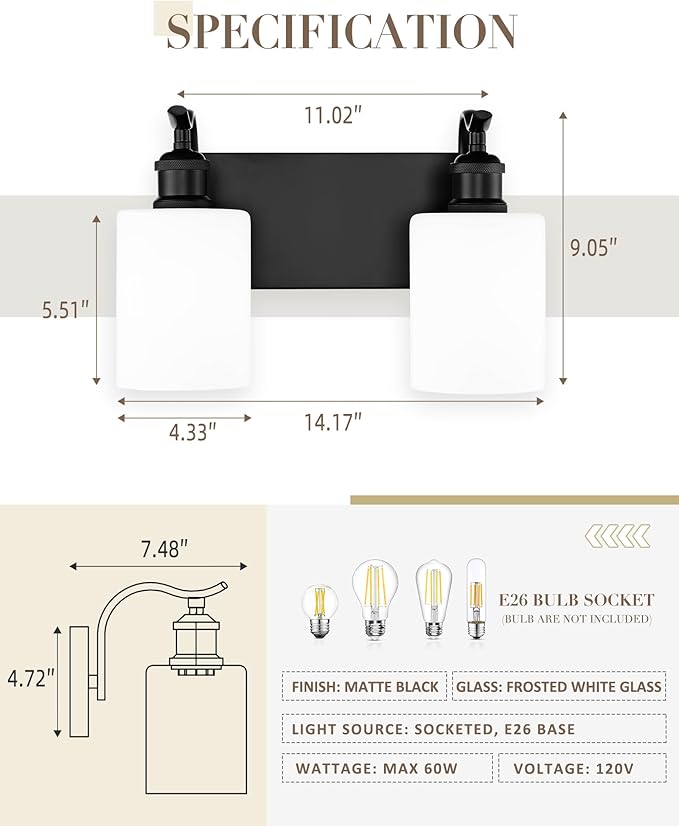 Black Vanity Light, 2-Light Bathroom Light Fixture, Modern Wall Sconce with Milk Glass, VL01BKW-2