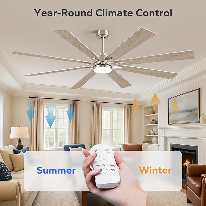 72" Outdoor Ceiling Fans for Patios with Light, Large Modern Industrial Ceiling Fan with Quiet Reversible DC Motor, High CFM Indoor Exterior Ceiling Fan for Garage Office Outside Shop, Nickel & Oak