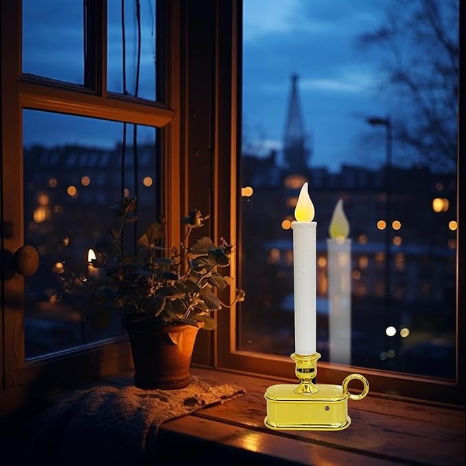 4 Pcs Christmas Electric Window Candles, 10 Inch LED Taper Candles Battery Operated with Sensor Dusk to Dawn, Gold Base