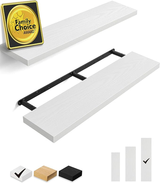 BAYKA Floating Shelves, 36 inch Wall Mounted Rustic Wood Shelves for Bathroom, Bedroom, Living Room, Kitchen, Office, Hanging Shelf for Books/Storage/Decor(White,Set of 2)