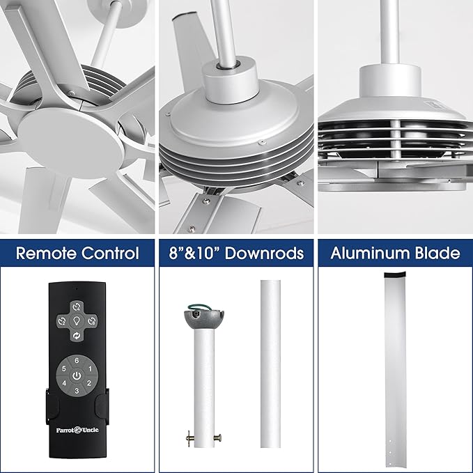 100 Inch Ceiling Fans without Lights, Silver Industrial Large Ceiling Fan with Remote for Living Room Shop Garage Indoor Outdoor, 6 Speeds, DC Motor Reversible 7 Aluminum Blades, Ventilador De Techo