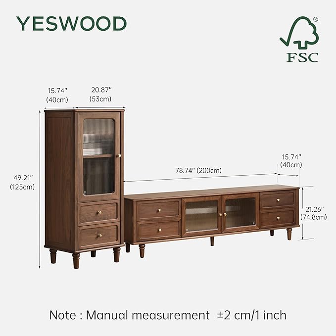 YESWOOD 78.74" L Solid Walnut Wood TV Stand & Side Cabinet, Mid Century Modern Media Console Entertainment Center Table with Storage, Living Room Cabinet with Glass Door & Adjustable Shelf & Drawers